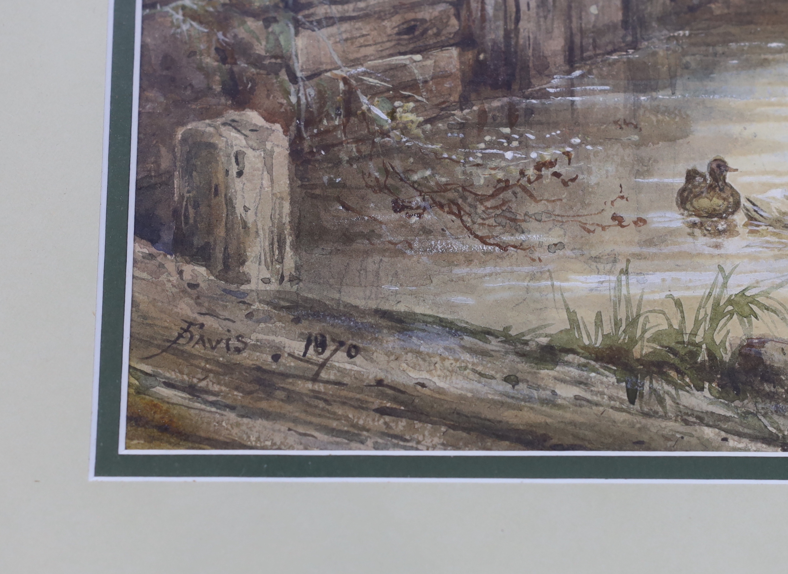 Frederick Davis (fl.1853-1892), watercolour, Bridge over stream with children fishing, signed and dated 1870, 36 x 59cm